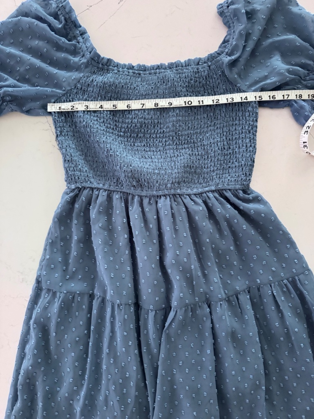 MEROKEETY BOHO Blue Swiss Dot Smocked Square Neck Midi Dress Size Medium - Picture 6 of 8